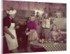 1950s 2 couples cooking picnic in rustic kitchen drinking beer by Anonymous