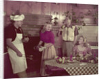 1950s 2 couples cooking picnic in rustic kitchen drinking beer by Anonymous