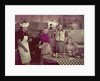1950s 2 couples cooking picnic in rustic kitchen drinking beer by Anonymous