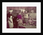 1950s 2 couples cooking picnic in rustic kitchen drinking beer by Anonymous