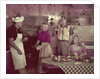 1950s 2 couples cooking picnic in rustic kitchen drinking beer by Anonymous