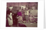 1950s 2 couples cooking picnic in rustic kitchen drinking beer by Anonymous