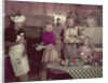 1950s 2 couples cooking picnic in rustic kitchen drinking beer by Anonymous