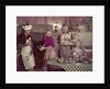 1950s 2 couples cooking picnic in rustic kitchen drinking beer by Anonymous