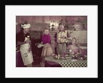 1950s 2 couples cooking picnic in rustic kitchen drinking beer by Anonymous