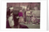 1950s 2 couples cooking picnic in rustic kitchen drinking beer by Anonymous