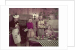 1950s 2 couples cooking picnic in rustic kitchen drinking beer by Anonymous