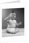 1950s full figure baby sitting gesture hand touching cheek face expression funny by Anonymous