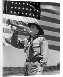 1940s boy scout playing bugle in front of 48 star american flag by Anonymous