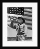 1940s boy scout playing bugle in front of 48 star american flag by Anonymous