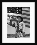 1940s boy scout playing bugle in front of 48 star american flag by Anonymous
