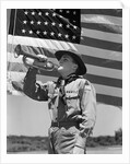 1940s boy scout playing bugle in front of 48 star american flag by Anonymous