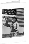 1940s boy scout playing bugle in front of 48 star american flag by Anonymous