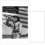 1940s boy scout playing bugle in front of 48 star american flag by Anonymous