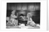 1960s 2 babies in diapers one on chair with telephone other on floor with adding machine pencil behind ear by Anonymous