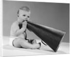 1960s baby in diaper seated holding megaphone by Anonymous