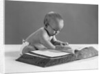 1960s baby wearing glasses looking for a word in big dictionary by Anonymous