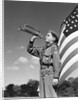 1950s profile of boy scout in uniform standing in front of 48 star american flag blowing bugle by Anonymous