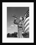 1950s profile of boy scout in uniform standing in front of 48 star american flag blowing bugle by Anonymous