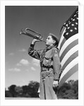 1950s profile of boy scout in uniform standing in front of 48 star american flag blowing bugle by Anonymous