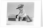 1940s baby in railroad engineer hat pulling milk bottle from lunch pail with hammer & wrench tools at side studio by Anonymous