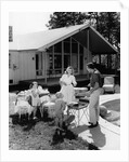 1950s family grilling hamburgers beside pool in backyard cookout by Anonymous