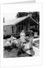 1950s family grilling hamburgers beside pool in backyard cookout by Anonymous