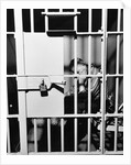 1960s man seated on bench in jail cell with head in hand looking downward by Anonymous