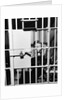 1960s man seated on bench in jail cell with head in hand looking downward by Anonymous