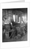 1930s elderly blacksmith with hammer at anvil as young boy holding harness looks on smiling by Anonymous