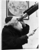 1930s old astronomer white hair and beard wearing skull cap looking through telescope by Anonymous