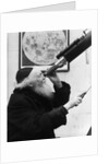 1930s old astronomer white hair and beard wearing skull cap looking through telescope by Anonymous