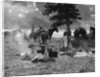 1920s 1930s two women at campsite woman cooking preparing food over campfire horses with riding gear in background by Anonymous