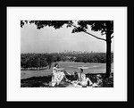 1930s 1940s family picnicking under a tree in fairmont park with skyline of philadelphia pa on horizon by Anonymous