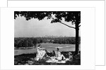 1930s 1940s family picnicking under a tree in fairmont park with skyline of philadelphia pa on horizon by Anonymous