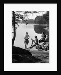 1920s 1930s 3 people picnicking by onata lake man wearing jodhpurs standing two seated women berkshires ma usa by Anonymous