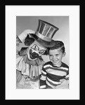 1950s smiling clown with top hat arm around grinning boy in striped shirt by Anonymous