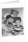 1950s smiling clown with top hat arm around grinning boy in striped shirt by Anonymous