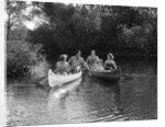 1930s summertime group of five young men & women in two canoes paddling down a stream by Anonymous