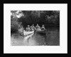 1930s summertime group of five young men & women in two canoes paddling down a stream by Anonymous