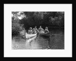 1930s summertime group of five young men & women in two canoes paddling down a stream by Anonymous