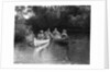 1930s summertime group of five young men & women in two canoes paddling down a stream by Anonymous