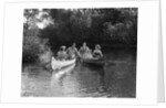 1930s summertime group of five young men & women in two canoes paddling down a stream by Anonymous