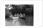 1930s summertime group of five young men & women in two canoes paddling down a stream by Anonymous