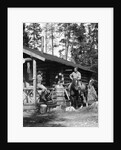 1920s 1930s couple in front of log cabin woman sitting on porch railing man on horse alberta canada by Anonymous