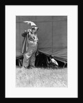 1930s man clown catching little boy peeking under circus big top tent by Anonymous
