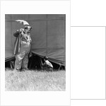 1930s man clown catching little boy peeking under circus big top tent by Anonymous