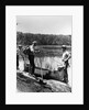 1930s three fishermen standing beside canoe holding fishing gear net backpack lake of the woods ontario by Anonymous