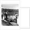 1930s three fishermen standing beside canoe holding fishing gear net backpack lake of the woods ontario by Anonymous