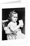 1930s child girl sitting in high chair holding glass of milk serious look bow in hair baloney curls by Anonymous